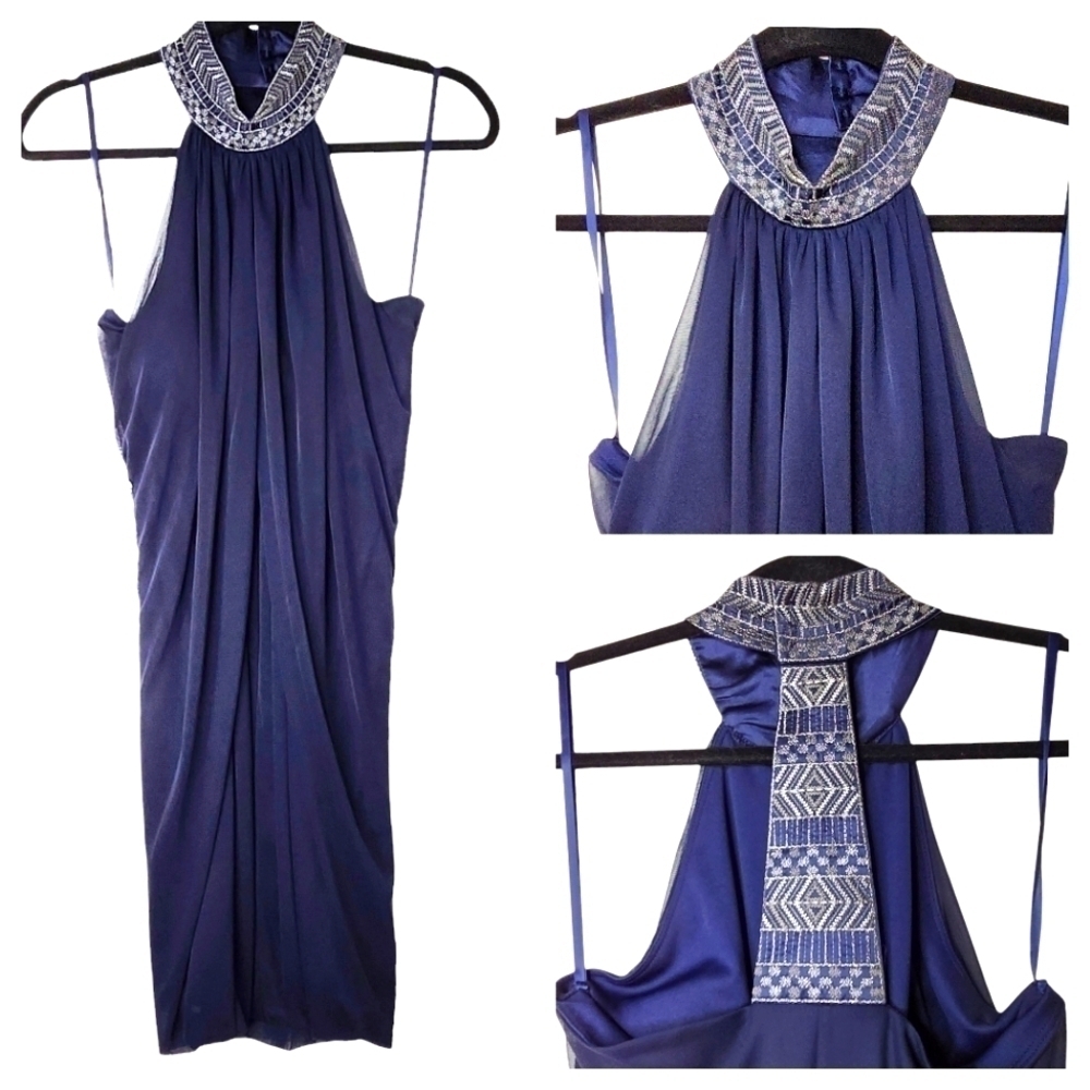 LE CHATEAU NAVY & SILVER EMBROIDERED DRESS SIZE SMALL
